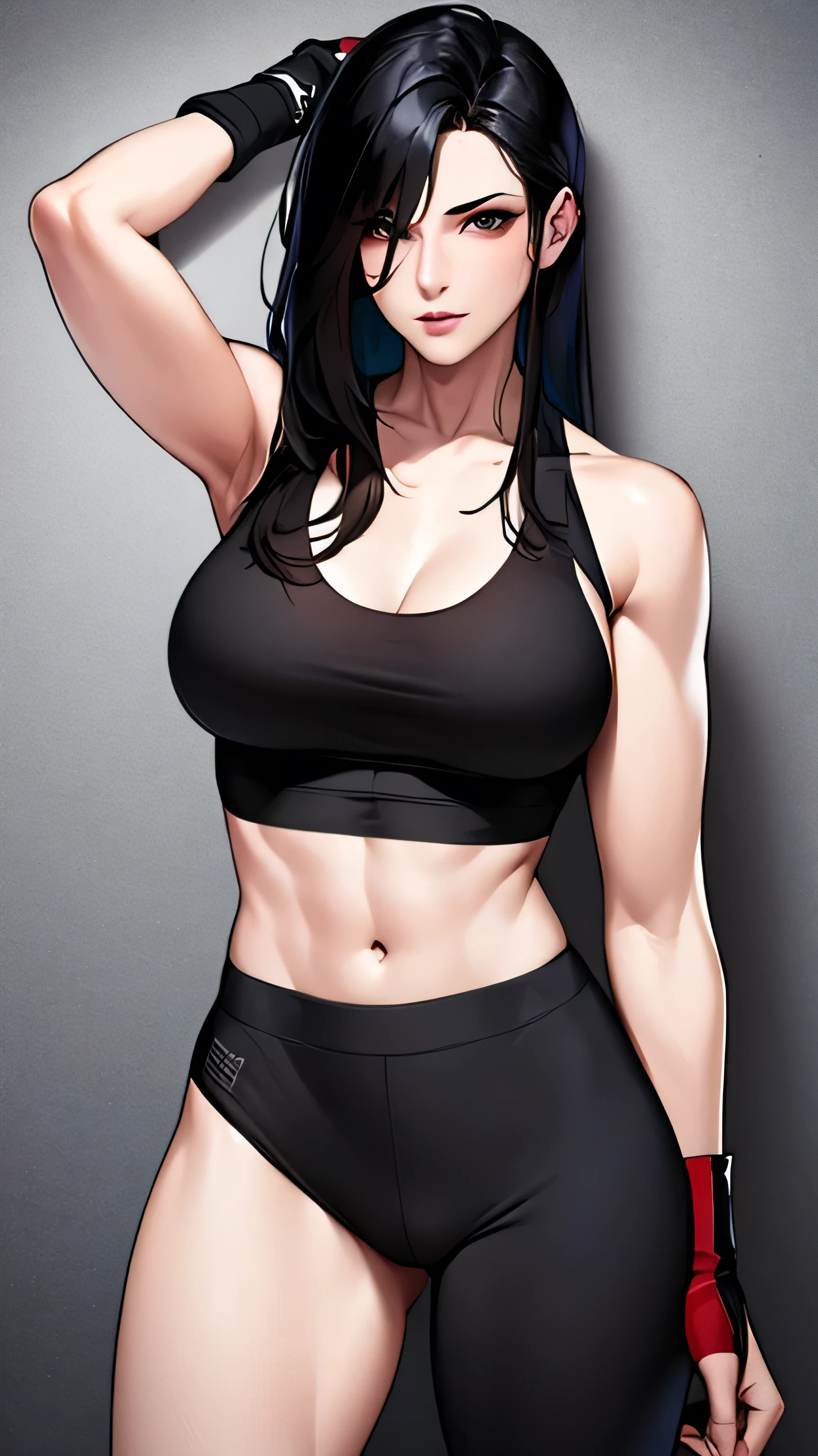 1 girl, 23 years old, long black hair, handsome face, sports bra, toned,muscular,long black pants, boxing gloves, high quality, masterpiece