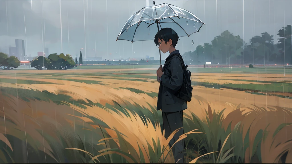 boy in the field watching the rain