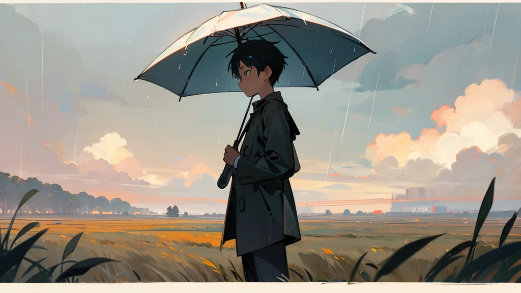 boy in the field watching the rain