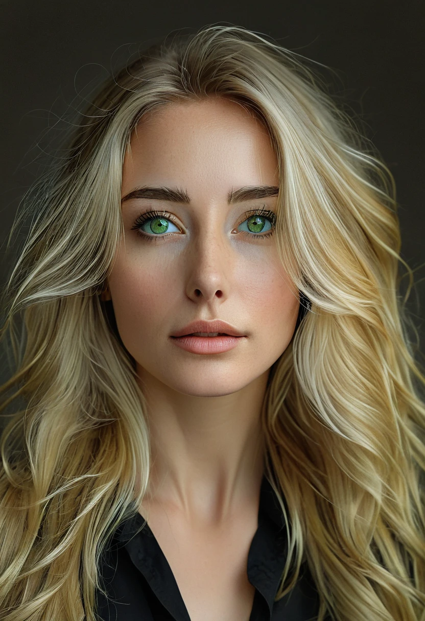 Portrait of a stunning woman, with green, slanted eyes and long, loose blonde hair, upturned nose, perfect skin with a black shirt, realistic and intricate details in the clothing and facial features, studio lighting to enhance the depth and realism of the image.