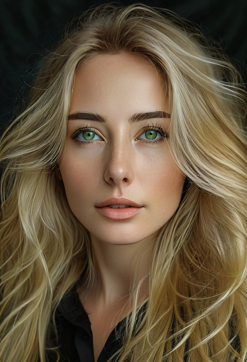 Portrait of a stunning woman, with green, slanted eyes and long, loose blonde hair, upturned nose, perfect skin with a black shirt, realistic and intricate details in the clothing and facial features, studio lighting to enhance the depth and realism of the image.