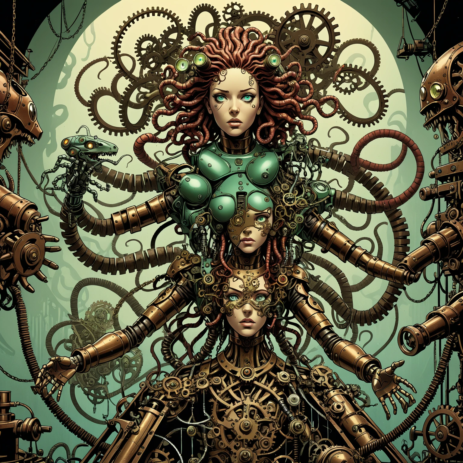 mechanical creature, medusa, mechanical snakes on head, mechanical medusa, splash page decompressed comic cover art, joelle jones style expressive ink comic, rich color grading, rotoscope hyperrealism, frederic delavier musculature anatomy detailed accurate precise illustration, internal mechanics of robotic marionette, cinematic, chiaroscuro lighting, surreal, slender, filled with steampunk gears and machinery, vertigo, overwhelming, intense, depth,
