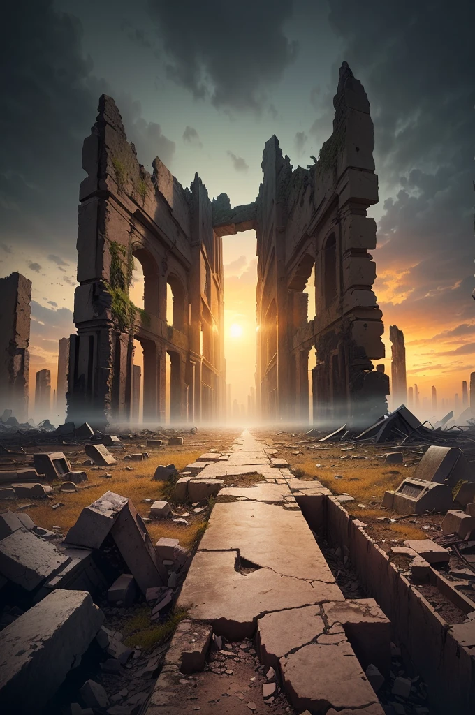 夕陽西下的一座ruins城市的阿拉法德圖像, post apocalyptic ancient ruins, dark ruins landscape, background is the ruins, ruins landscape, End of the world day background, ruins on the background, Doomsday environment, ruins of hell, doomsday landscape, End of the world day background, crumbling ruins, ominous End of the world day background, ruins, Apocalypse of Destruction and Despair, old ruins, dark city ruins , ((low angle shot 1.7)) ((Camera lens close to the ground to shoot 1.8))