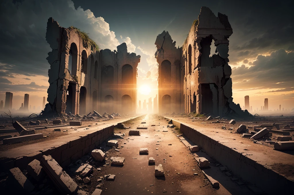 夕陽西下的一座ruins城市的阿拉法德圖像, post apocalyptic ancient ruins, dark ruins landscape, background is the ruins, ruins landscape, End of the world day background, ruins on the background, Doomsday environment, ruins of hell, doomsday landscape, End of the world day background, crumbling ruins, ominous End of the world day background, ruins, Apocalypse of Destruction and Despair, old ruins, dark city ruins ,((low angle shot 1.7)) ((Camera lens close to the ground to shoot 1.8))