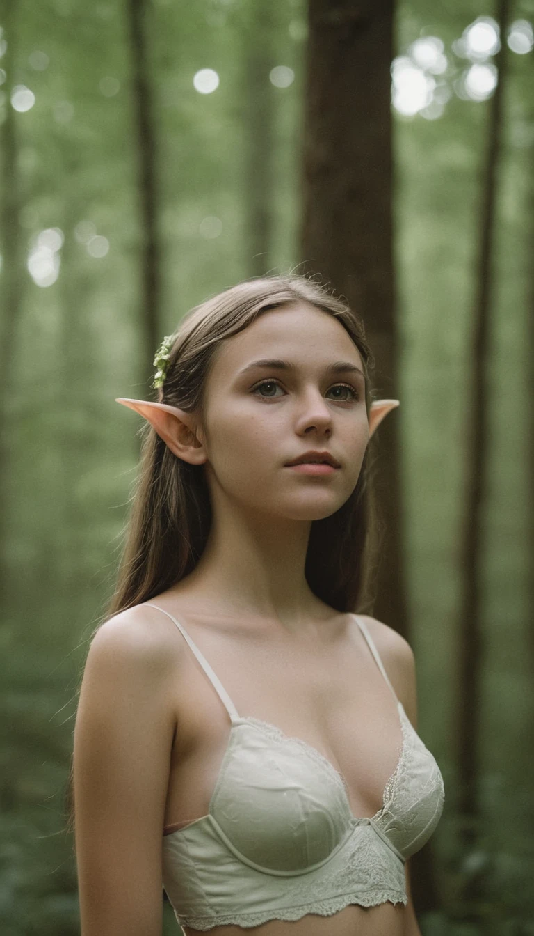 analog film photo, photo of a young elf girl, 18 years-old, elf, elf ears, long pointy ears, peridot eyes, ash brown hair, light-brown sun-tanned skin, goosebumps, pretty, natural beauty, tall, toned and curvy, wearing a cotton bralette, posing in a misty forest, RAW Photograph, dslr, soft lighting, high quality, film grain, Fujifilm XT3, detailed skin with visible pores, insane details, masterpiece, 8k, 35mm photograph, dslr, kodachrome, faded film, desaturated, grainy, vintage, Lomography, stained, highly detailed, found footage, close-up shot, elven ears