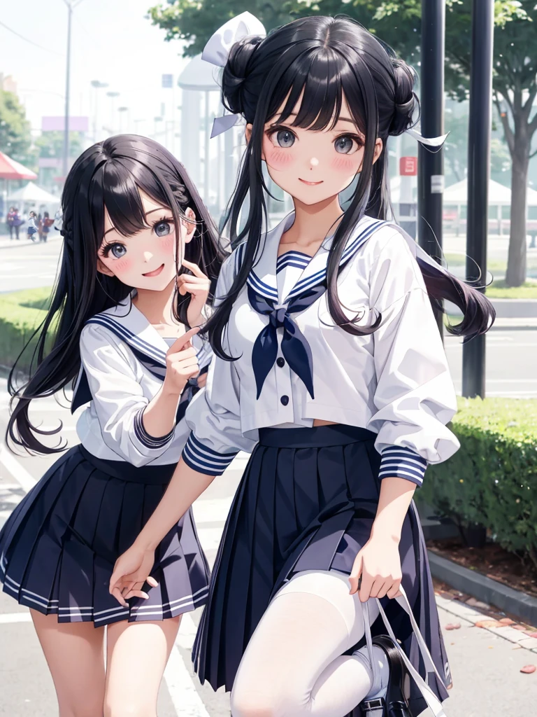 high quality、Three beautiful girls、Cute Hairstyles、Cute hair color、Cute colored sailor uniform、White sailor collar、Cute Checkered Pleated Skirt、Cute color school cardiga amusement park、 Dancing with a sly smile、pantyhose、Panty shot