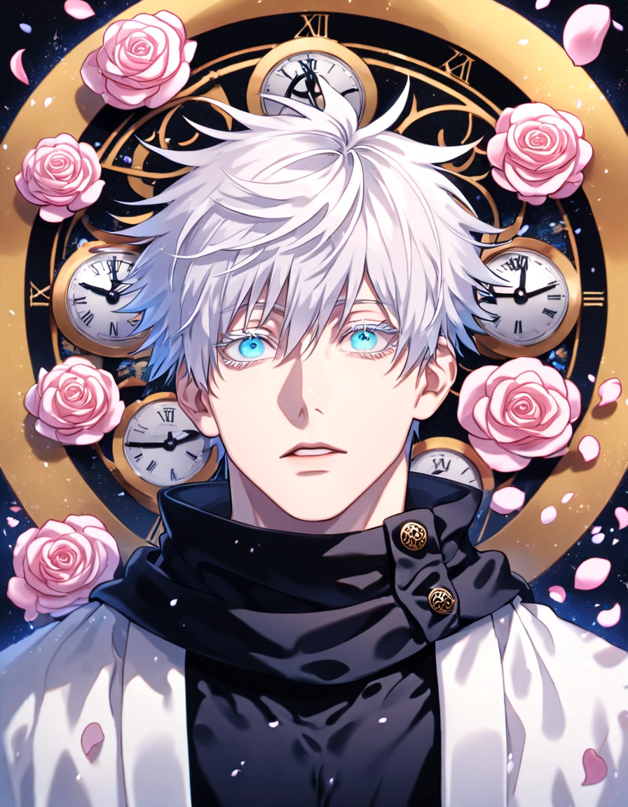 absurdres, highres, ultra detailed, HDR, master piece, best quality, extremely detailed, Gojou Satoru, white hair, expressive blue eyes, white eyelashes, Jujutsu Kaisen, solo, sexy man, handsome, sensual, black scarf, white haori, tight black turtleneck shirt, pink roses, blossoms, petals, in woderland, clock