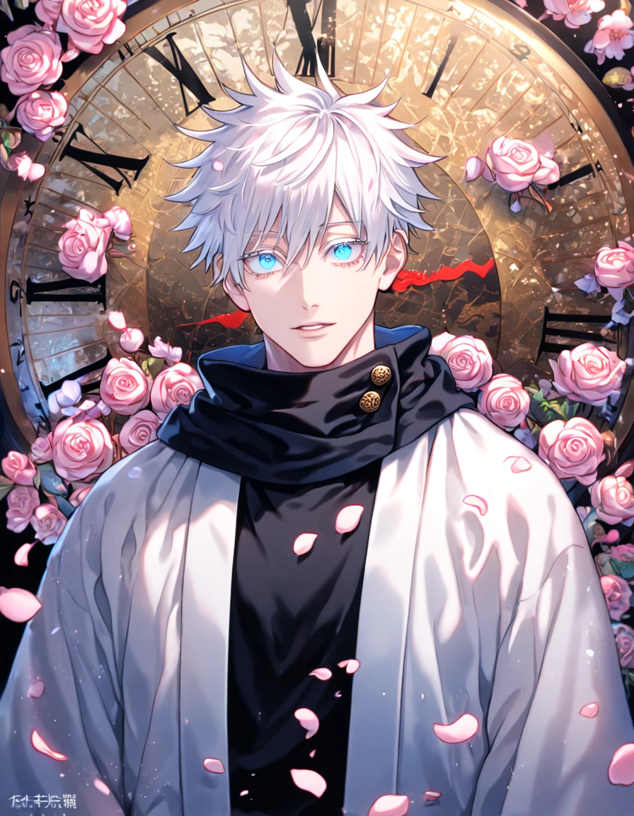 absurdres, highres, ultra detailed, HDR, master piece, best quality, extremely detailed, Gojou Satoru, white hair, expressive blue eyes, white eyelashes, Jujutsu Kaisen, solo, sexy man, handsome, sensual, black scarf, white haori, tight black turtleneck shirt, pink roses, blossoms, petals, in woderland, clock