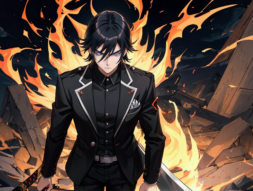 An anime bad boy in a secret organization outfit, walking with a katana, his eyes are serene, he is coming out of a battle, beautiful eyes, black hair, blue eyes, scene apocaliptica on fire, hair blowing in the wind, sparks flying from the flames of fallen bodies,