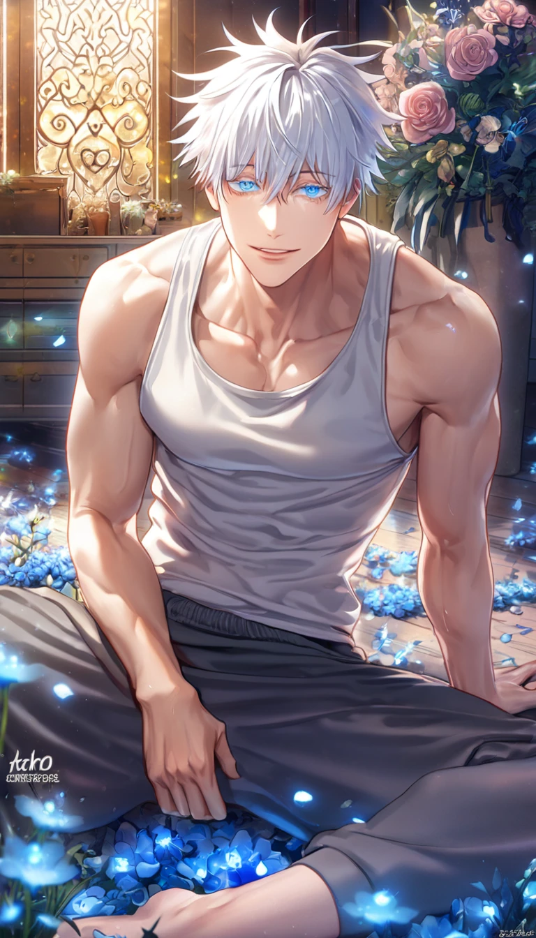 absurdres, highres, ultra detailed, HDR, master piece, Gojou Satoru, white hair with bangs, white eyelashes, expressive blue eyes, hair between the eyes, white tank top, toned chest, gray training pants, Jujutsu Kaisen, sexy man sitting, room, handsome, best quality, flowers, fantasy, magical, solo, blue shining fireflies, blue petals, handsome smile, horny, sensual