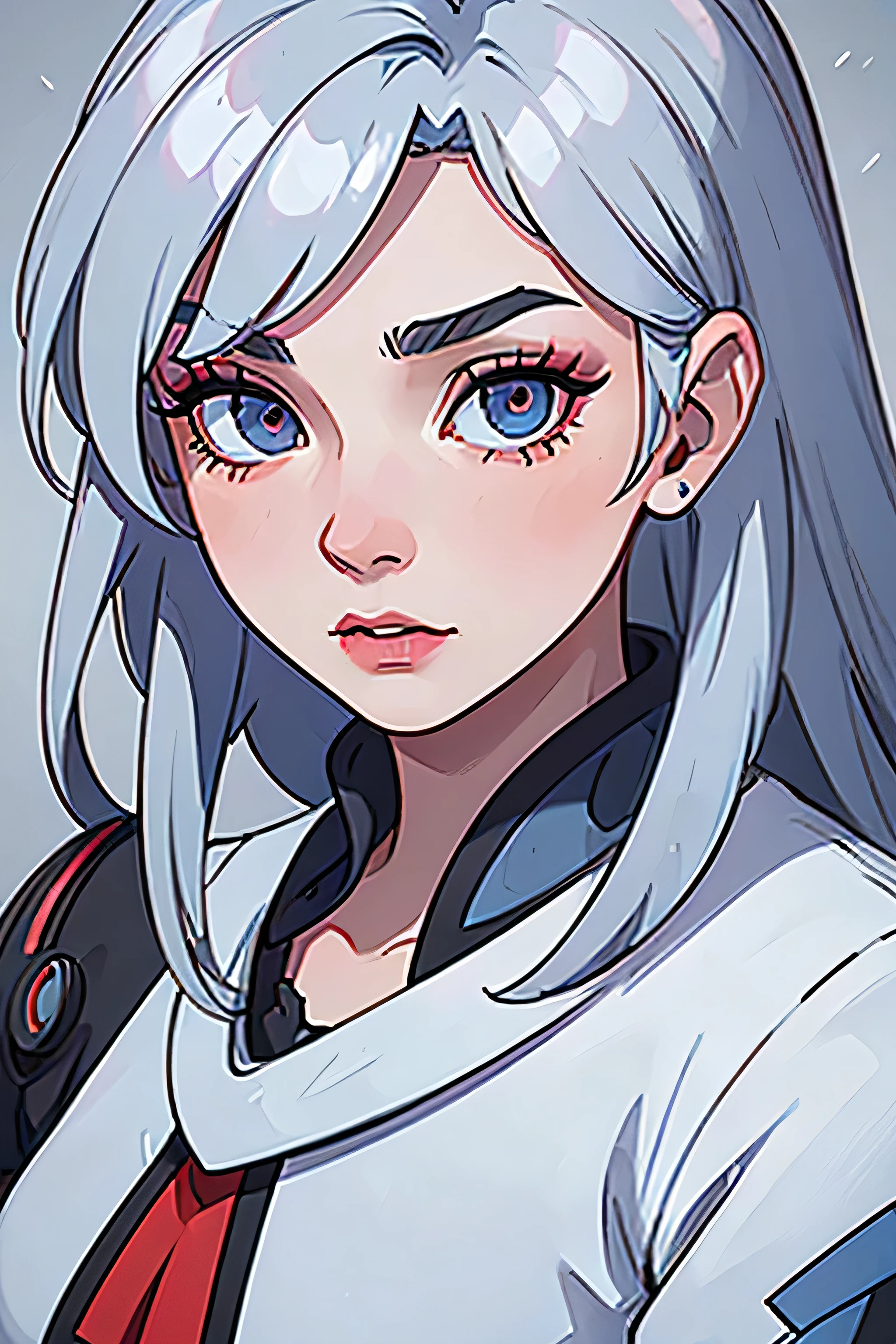 A character with gray hair and a gradient of blue hair on the right and red on the left, a beautiful dress, detailed portrait, beautiful detailed eyes, beautiful detailed lips, extremely detailed face, long eyelashes, hyper realistic, 8k, masterpiece, vivid colors, cinematic lighting, dramatic colors, fantasy art