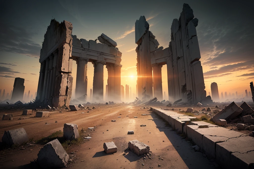 夕陽西下的一座ruins城市的阿拉法德圖像, post apocalyptic ancient ruins, dark ruins landscape, background is the ruins, ruins landscape, End of the world day background, ruins on the background, Doomsday environment, ruins of hell, doomsday landscape, End of the world day background, crumbling ruins, ominous End of the world day background, ruins, Apocalypse of Destruction and Despair, old ruins, dark city ruins ,((low angle shot 1.7)) ((Camera lens close to the ground to shoot 1.8))