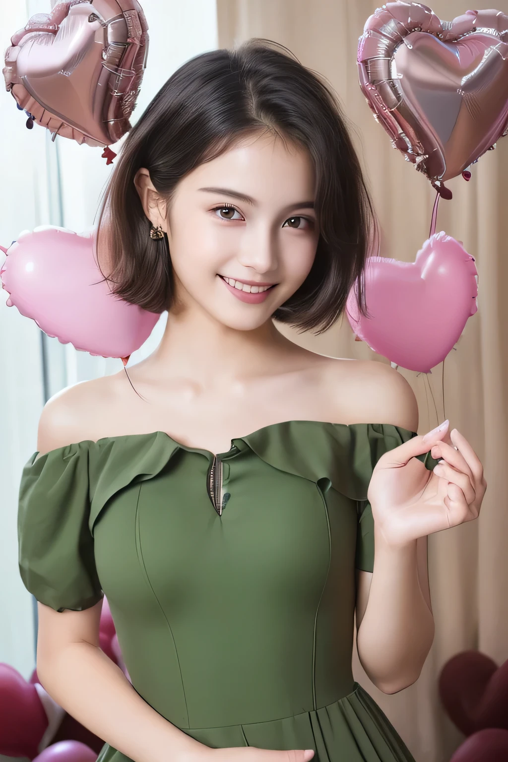 
(masterpiece, Highest quality, High resolution:1.4), 1 girl, (Realistic skin:1.4), (beautiful face and hair:1.4), Baby Face, smile, ************, (Skinny body type:1.3), (Flat Chest:1.3), Off-the-shoulder dress, Short Hair, (Making a heart with both hands:1.3), BREAK(Countless heart balloons:1.5), (from the front:1.5)
