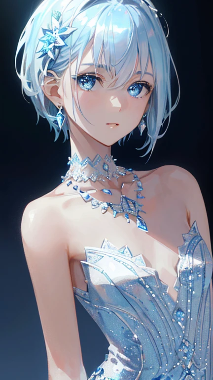 masterpiece, Highest quality, figure, Sax Blue, Platinum Earrings, Platinum Necklace, White long dress, One girl, Short Hair,blue eyes,cute, (Dynamic Lighting:1.2), Cinema Lighting, Delicate facial features, Detailed eyes, Gentle pupils, Realistic students, Depth of written boundary, Bokeh, Sharp focus, (Ultra-detailed, bloom, Shine:1.4), Lots of little blue gems
