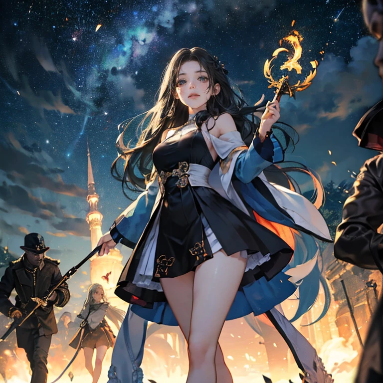 (Highest quality, 8k, masterpiece:1.3,beautiful girl), (masterpiece:1.3, Highest quality, Ultra-high resolution, Very detailed),Beautiful body, Beautiful breasts, Beautiful thighs, Beautiful feet, Beautiful fingers, Glowing Skin,(((Long Hair,Black Hair,Beautiful Hair))),(Perfect Anatomy, Anatomically correct, Very detailed肌), Cute and symmetrical face, Perfect Face, Perfect Eyes, ((Perfect Fingers, Five Fingers)), (((whole body,Draw the whole thing)))((Two Arms,Two legs)),Large Breasts,(((Wizard,Black Dress,Big walking stick))),(((Midnight,Starry Sky,crowd,war,battlefield,battlefieldを照らす女神))),Stand on high ground,((Raise your wand and light up the sky)),There are a lot of goblins around the plateau.