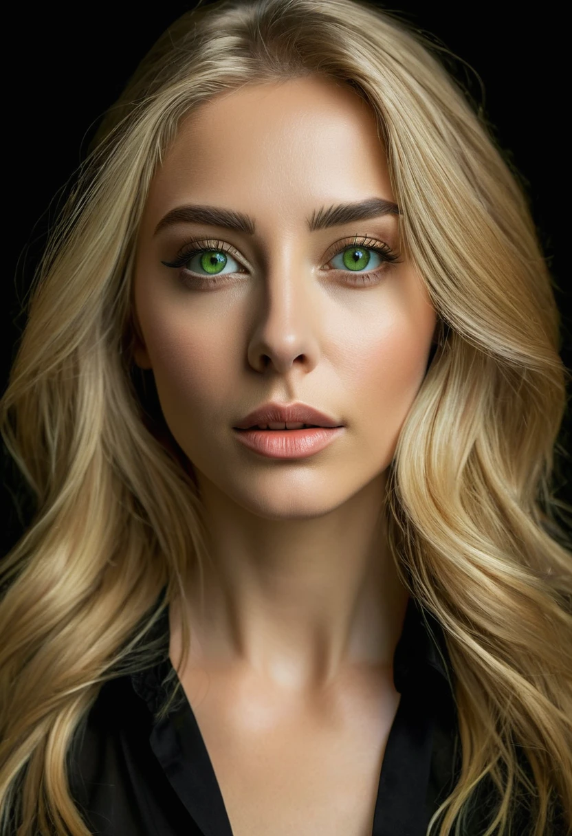 Portrait of a stunning woman, with green, slanted eyes and long, loose blonde hair, upturned nose, perfect skin with a black shirt, realistic and intricate details in the clothing and facial features, studio lighting to enhance the depth and realism of the image.