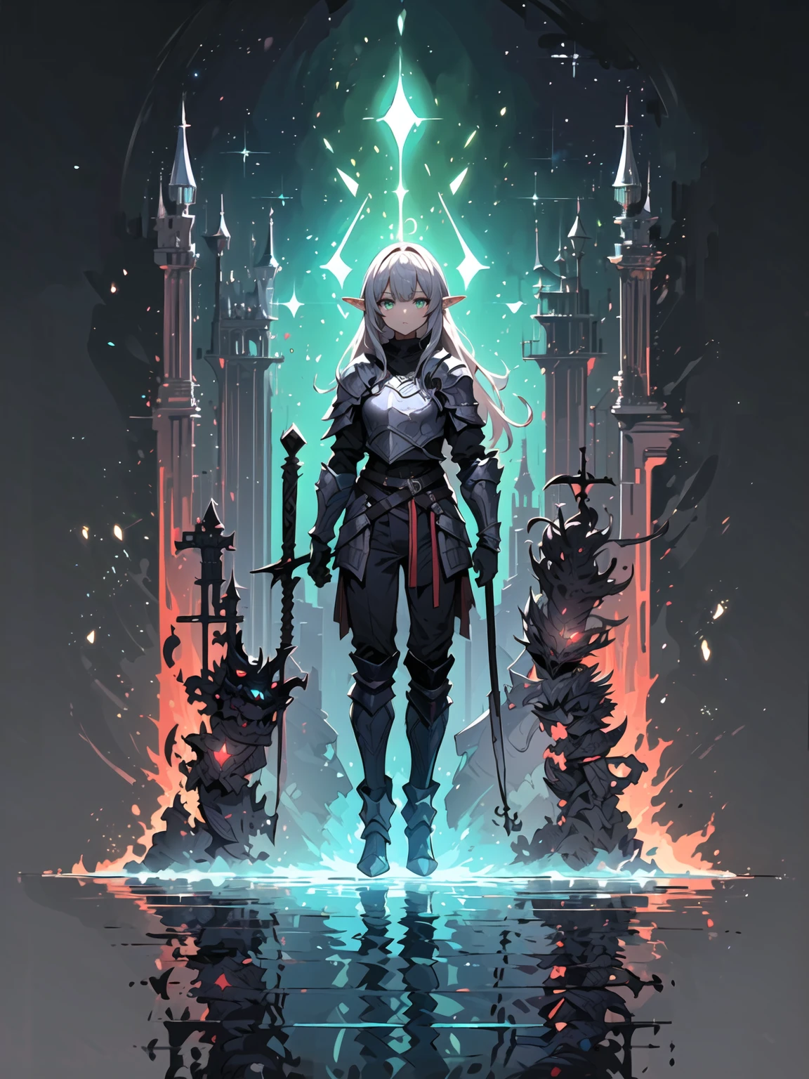 (((masterpience, best quality, 16k,)))  elf girl, imponent position, black dragon armor, very detailed armor, no helmet, silver long hair, green eyes, flaming sword, castle background, glowing aura, night sky, stars, realistic ilumination, best quality ilumination.((high detailed:1.4)),(((full body view:1.4)))