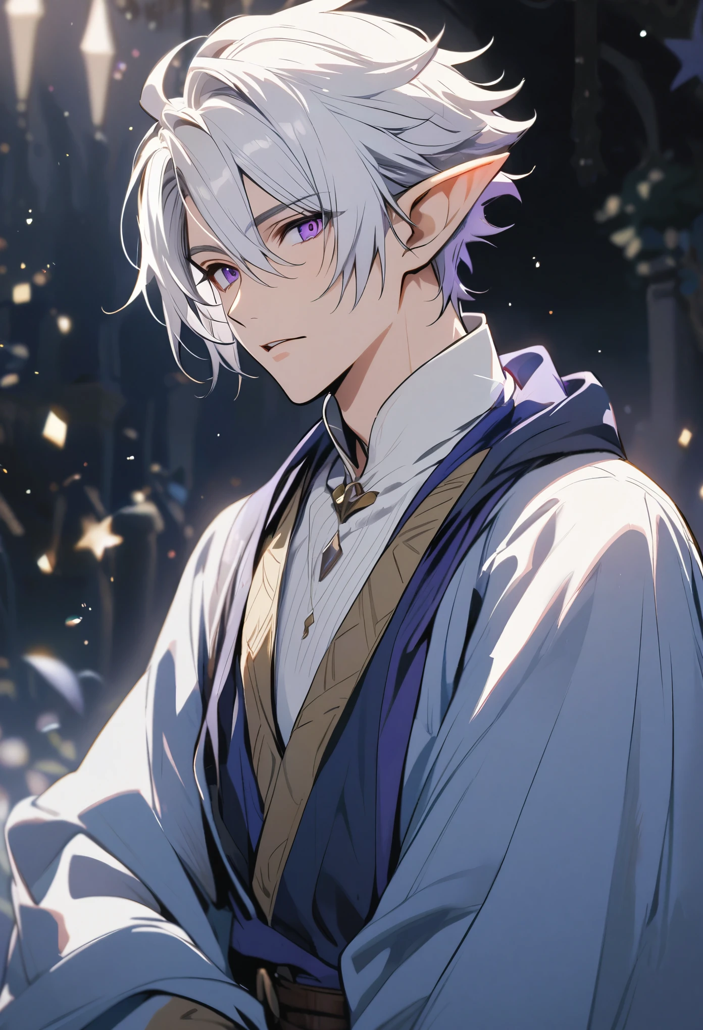 solo, handsome, 1 male, short hair, white hair, purple eyes, white shirt, blue robe, bard, elf