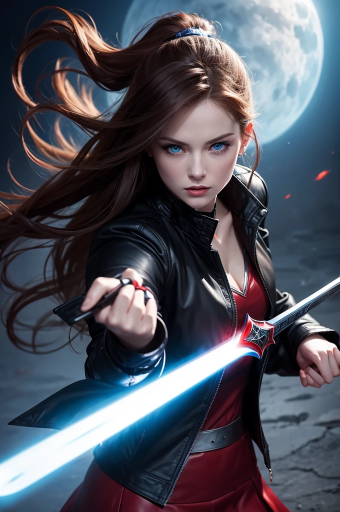 A white woman with blue eyes, wearing a black jacket and a red skirt, holding a magic sword, in the drawing style of DC comics