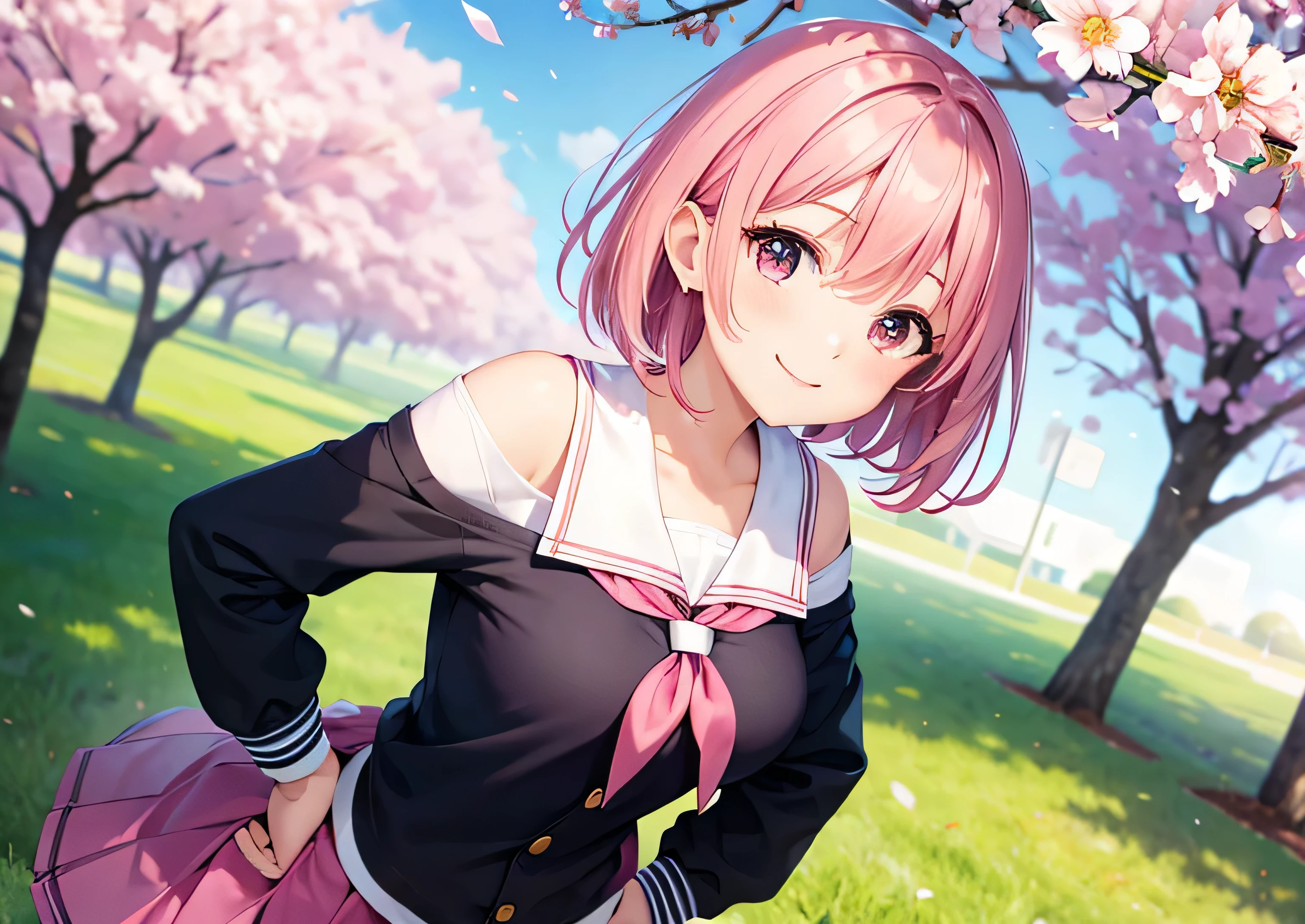 uniform,Off the shoulder,under the cherry tree,Hands on hips,Leaning forward,Pink Short Hair,Smiling Face,school girl