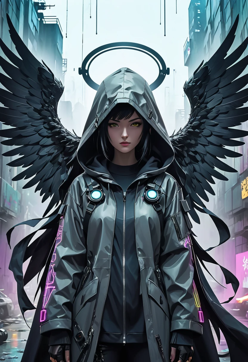 Create an ultra-wide photo of an angel wearing a cyberpunk coat and hood, Abstract post-apocalyptic background. The overall style of the image is、It should be minimalist with a touch of Artgem。. The angel is drawn in warrior and angel style.、The focus is on creating a sense of hope and recovery.。. Cyberpunk coats and hoods need to be detailed, Focus on capturing the texture and style of the garment. Giant Wings. The image needs an abstract design in the background, Emphasis on enhancing the sense of depth and contrast with the foreground. Images must be rendered in wide format, The emphasis is on expressing the scale and drama of the scene..