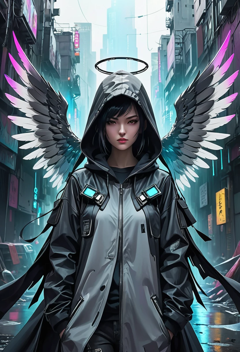 Create an ultra-wide photo of an angel wearing a cyberpunk coat and hood, Abstract post-apocalyptic background. The overall style of the image is、It should be minimalist with a touch of Artgem。. The angel is drawn in warrior and angel style.、The focus is on creating a sense of hope and recovery.。. Cyberpunk coats and hoods need to be detailed, Focus on capturing the texture and style of the garment. Giant Wings. The image needs an abstract design in the background, Emphasis on enhancing the sense of depth and contrast with the foreground. Images must be rendered in wide format, The emphasis is on expressing the scale and drama of the scene..