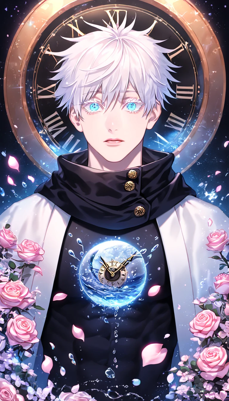 absurdres, highres, ultra detailed, HDR, masterpiece, extremely detailed, Gojou Satoru, white hair, expressive blue eyes, white eyelashes, Jujutsu Kaisen, solo, sexy man, handsome, sensual, black scarf, white haori, black tight T-shirt, water, magical, fantasy, glittering, shining, pink roses, blossoms, petals, in woderland, clock