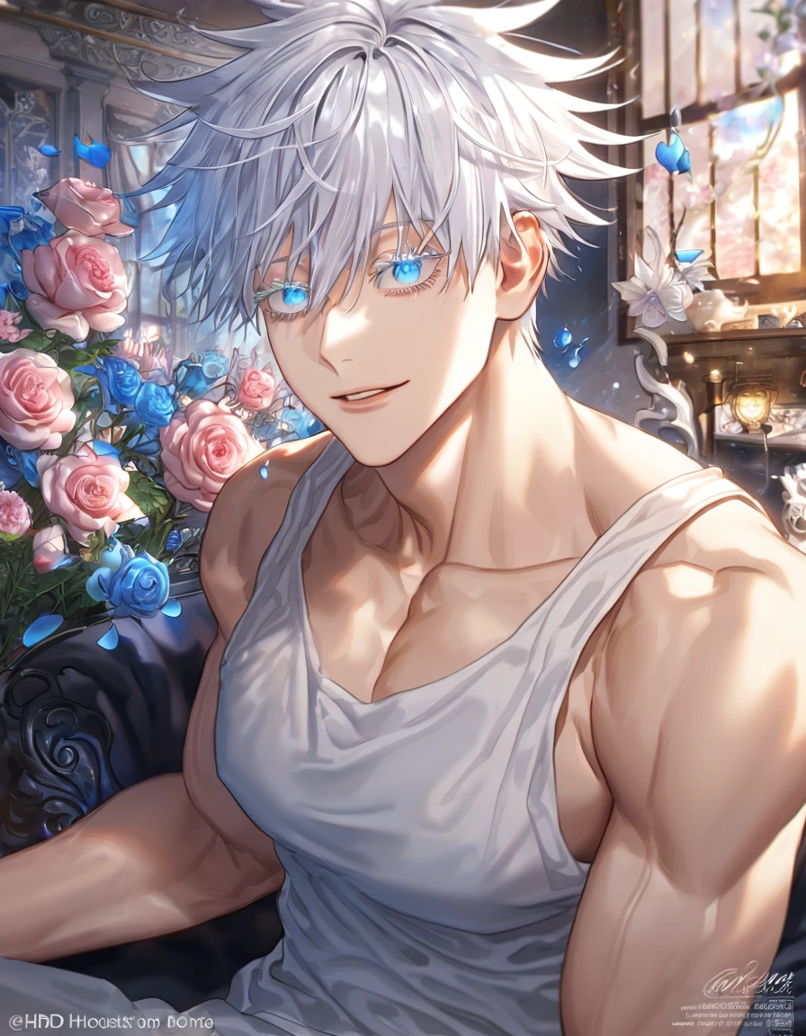 absurdres, highres, ultra detailed, HDR, master piece, Gojou Satoru, white hair with bangs, white eyelashes, expressive blue eyes, hair between the eyes, white tank top, toned chest, Jujutsu Kaisen, sexy man, room, handsome, best quality, flowers, fantasy, magical, solo, blue shining fireflies, blue petals, handsome smile, horny, sensual