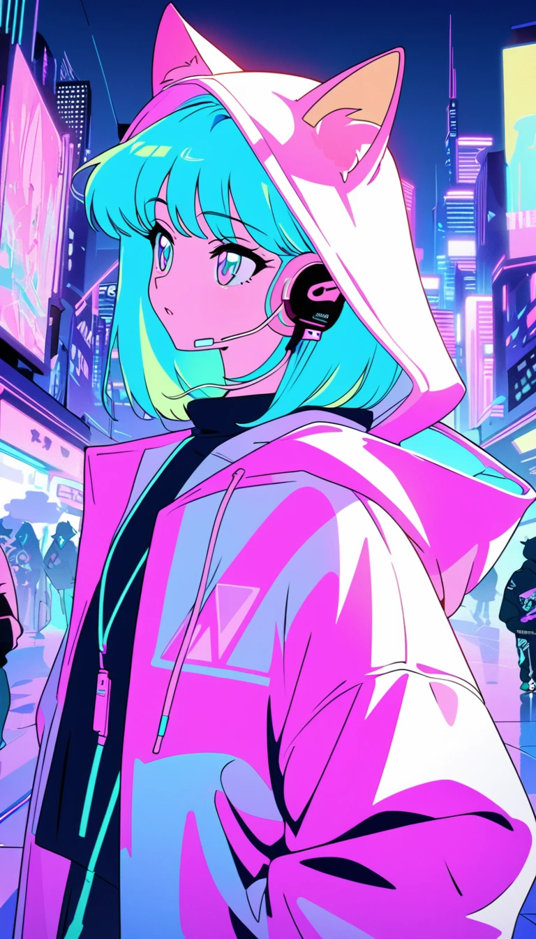 (work of art), (best illustrations),a teenage girl, Cat's ears, Wind of the 90s,retro、2D animation, Painting Cel, pastel colored, cyber punk、Night City, neon city, hooded cloak, earphone、The inner color is pink,emo,night vision, mellow, Hip Hop Lo-Fi, (highest quallity), (vaporwave style), (ultra detali), (best illustrations), (best shade),perfect lighting, shiny colors,chic