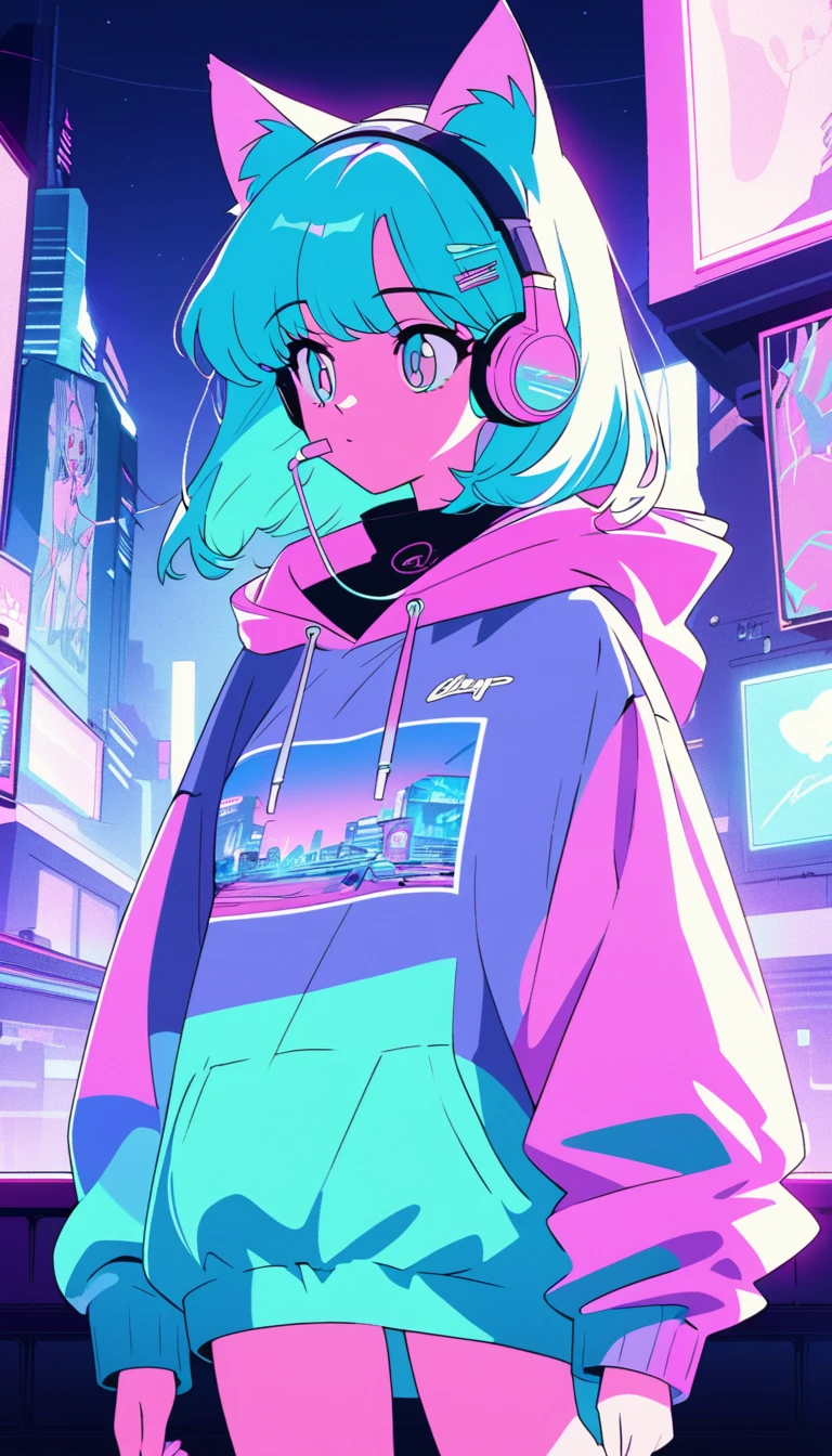 (work of art), (best illustrations),a age girl, Cat's ears, Wind of the 90s,retro、2D animation, Painting Cel, pastel colored, cyber punk、Night City, neon city, hooded cloak, earphone、The inner color is pink,emo,night vision, mellHip Hop Lo-Fi, (highest quallity), (vaporwave style), (ultra detali), (best illustrations), (best shade),perfect lighting, shiny colors,chic