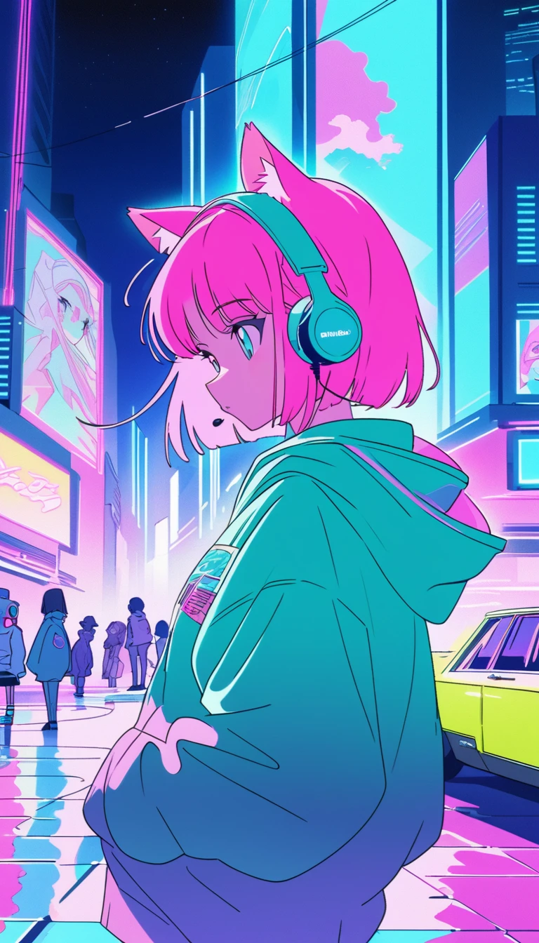 (work of art), (best illustrations),a teenage girl, Cat's ears, Wind of the 90s,retro、2D animation, Painting Cel, pastel colored, cyber punk、Night City, neon city, hooded cloak, earphone、The inner color is pink,emo,night vision, mellow, Hip Hop Lo-Fi, (highest quallity), (vaporwave style), (ultra detali), (best illustrations), (best shade),perfect lighting, shiny colors,chic