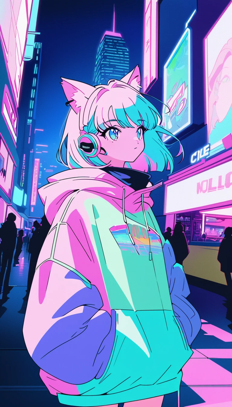 (work of art), (best illustrations),a teenage girl, Cat's ears, Wind of the 90s,retro、2D animation, Painting Cel, pastel colored, cyber punk、Night City, neon city, hooded cloak, earphone、The inner color is pink,emo,night vision, mellow, Hip Hop Lo-Fi, (highest quallity), (vaporwave style), (ultra detali), (best illustrations), (best shade),perfect lighting, shiny colors,chic