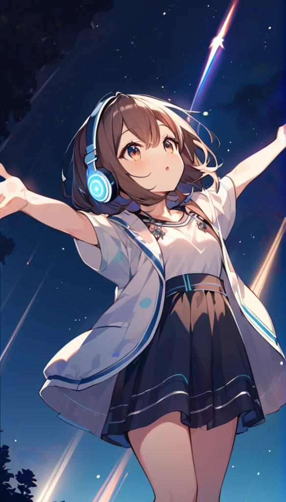 Girl wearing headphones。Brown Hair。1 person。bright。Looking up at the summer night sky、A girl wearing headphones reaching for a shooting star。