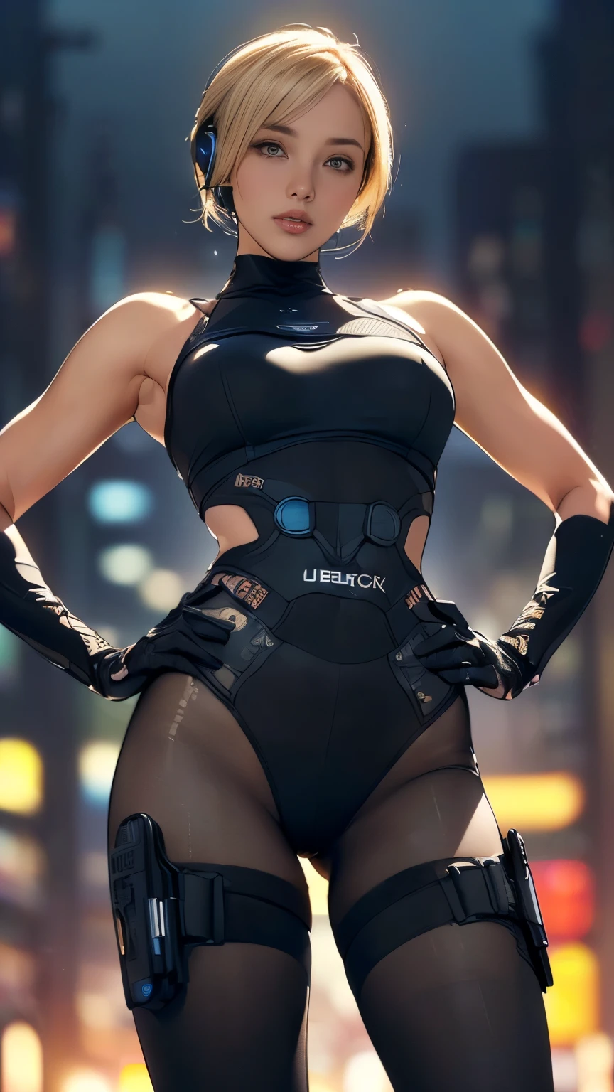 (A woman),(((Future female police officer standing))),((Black Tactical Tights:1.5)),((Camel toe:1.5)),((earphone:1.5)),((Tactical Holster:1.5)),(Gloves:1.5),(((Hands on hips:1.5))),(front:1.5),(From below:1.2),(Super short hair:1.5),(Blonde:1.5),(beautiful eyes:1.3),(Very detailedな顔:1.5),((Very detailedな女性の手の描画:1.5)),((muscular:1.5)),(Sexy look:1.5),((Thick thighs:1.5)),(Beautiful Body:1.5),((Very sensual:1.5)),(The backdrop is a futuristic city:1.5),(Cyberpunk atmosphere:1.5),(((Blurred background:1.5))),(Written border depth:1.5),rest(((masterpiece:1.5),(best quality:1.5),(Very detailed:1.5),(high resolution:1.5),(Practical:1.5),(Practical:1.5),(Delicate depiction),(carefully drawn))),8K,wallpaper