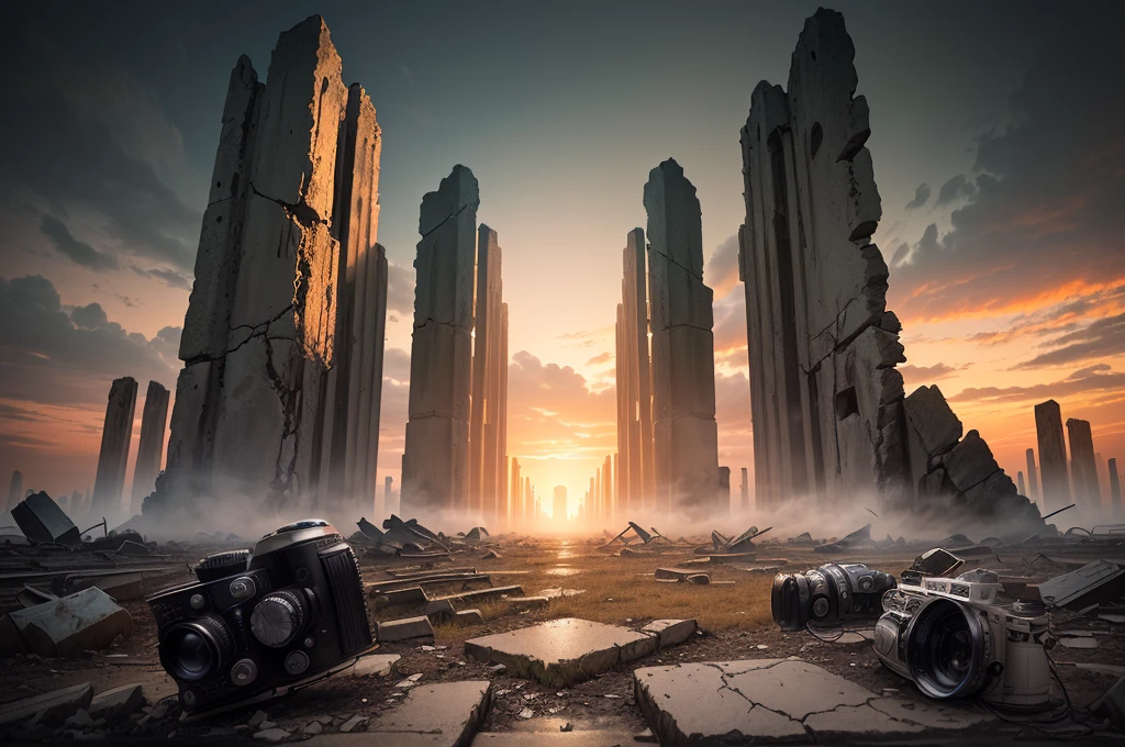 夕陽西下的一座ruins城市的阿拉法德圖像, post apocalyptic ancient ruins, dark ruins landscape, background is the ruins, ruins landscape, End of the world day background, ruins on the background, Doomsday environment, ruins of hell, doomsday landscape, End of the world day background, crumbling ruins, ominous End of the world day background, ruins, Apocalypse of Destruction and Despair, old ruins, dark city ruins ,((low angle shot 1.7)) ((Camera lens close to the ground to shoot 1.8))