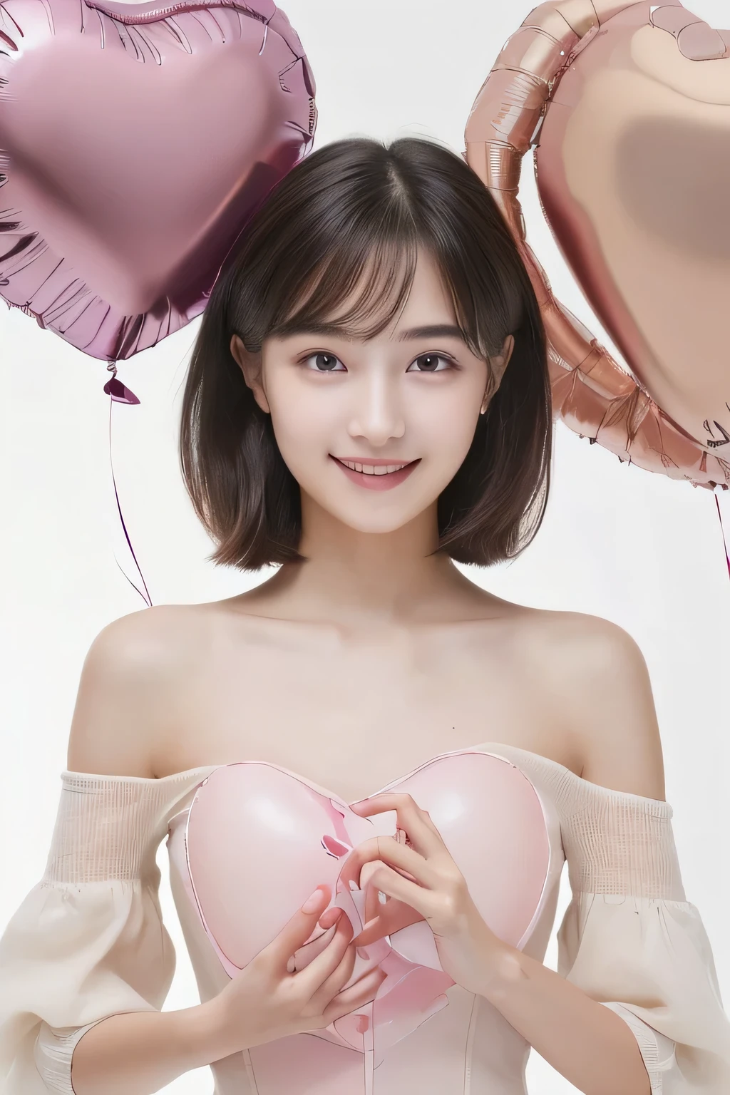 (masterpiece, Highest quality, High resolution:1.4), 1 girl, (Realistic skin:1.4), (beautiful face and hair:1.4), Baby Face, smile, ************, (Skinny body type:1.3), (Flat Chest:1.3), Off-the-shoulder dress, Short Hair, (Making a heart with both hands:1.3), BREAK(Countless heart balloons:1.5), (from the front:1.5)
