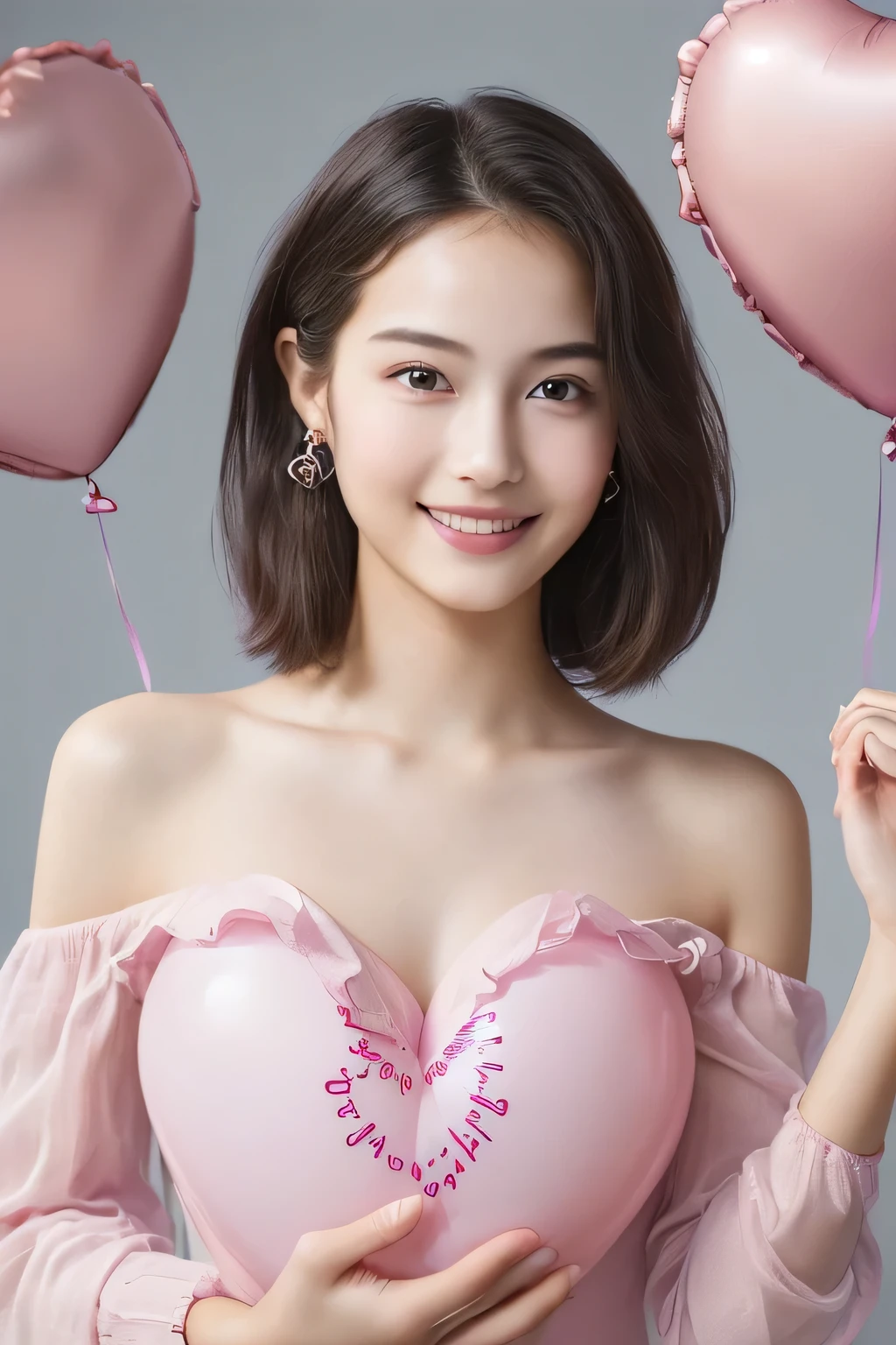 (masterpiece, Highest quality, High resolution:1.4), 1 girl, (Realistic skin:1.4), (beautiful face and hair:1.4), Baby Face, smile, ************, (Skinny body type:1.3), (Flat Chest:1.3), Off-the-shoulder dress, Short Hair, (Making a heart with both hands:1.3), BREAK(Countless heart balloons:1.5), (from the front:1.5)
