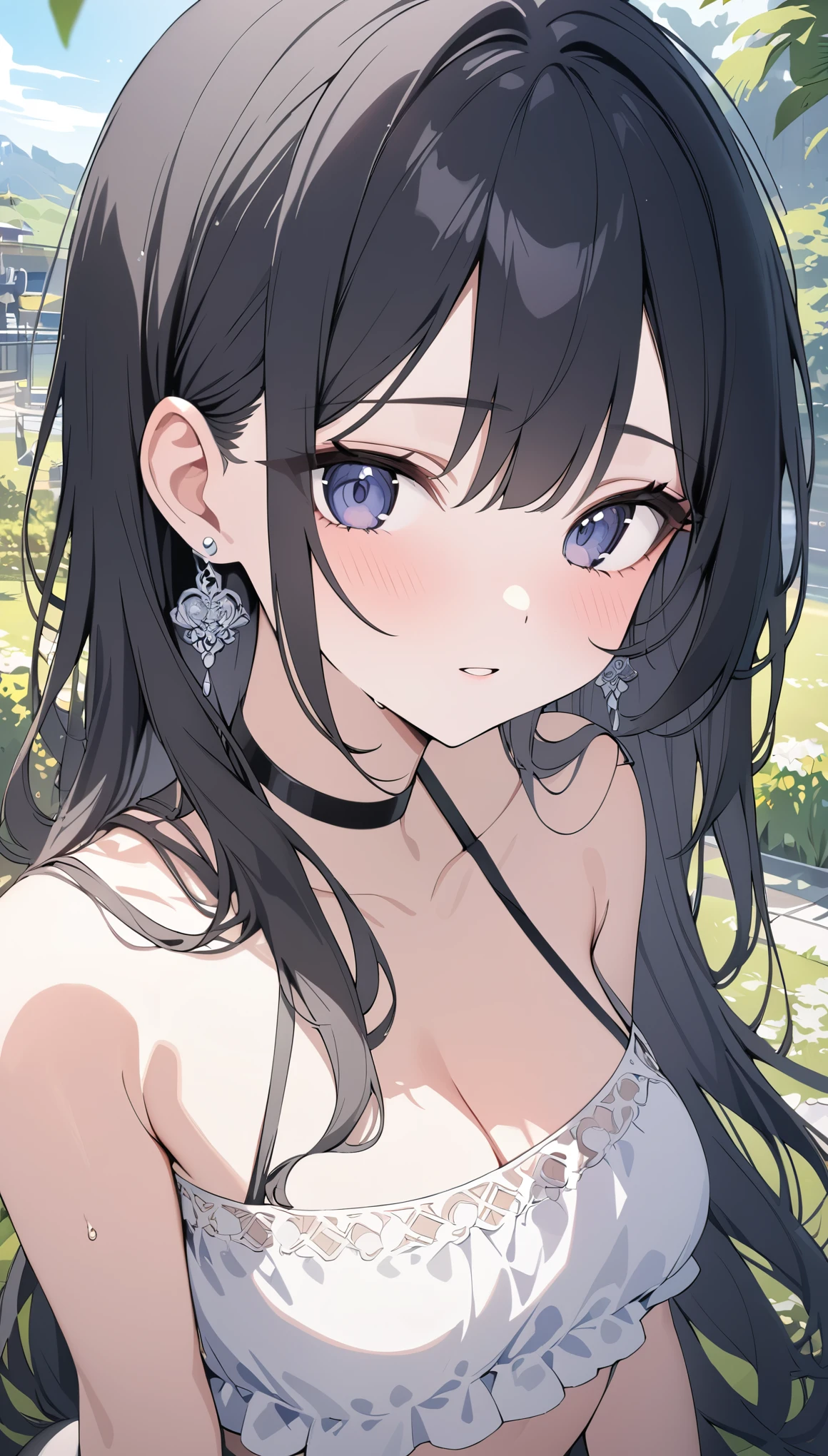 best quality, super_delicate, ultra detailed, beautiful, 8k , 1girl, black hair, earrings, choker, outdoor, bright