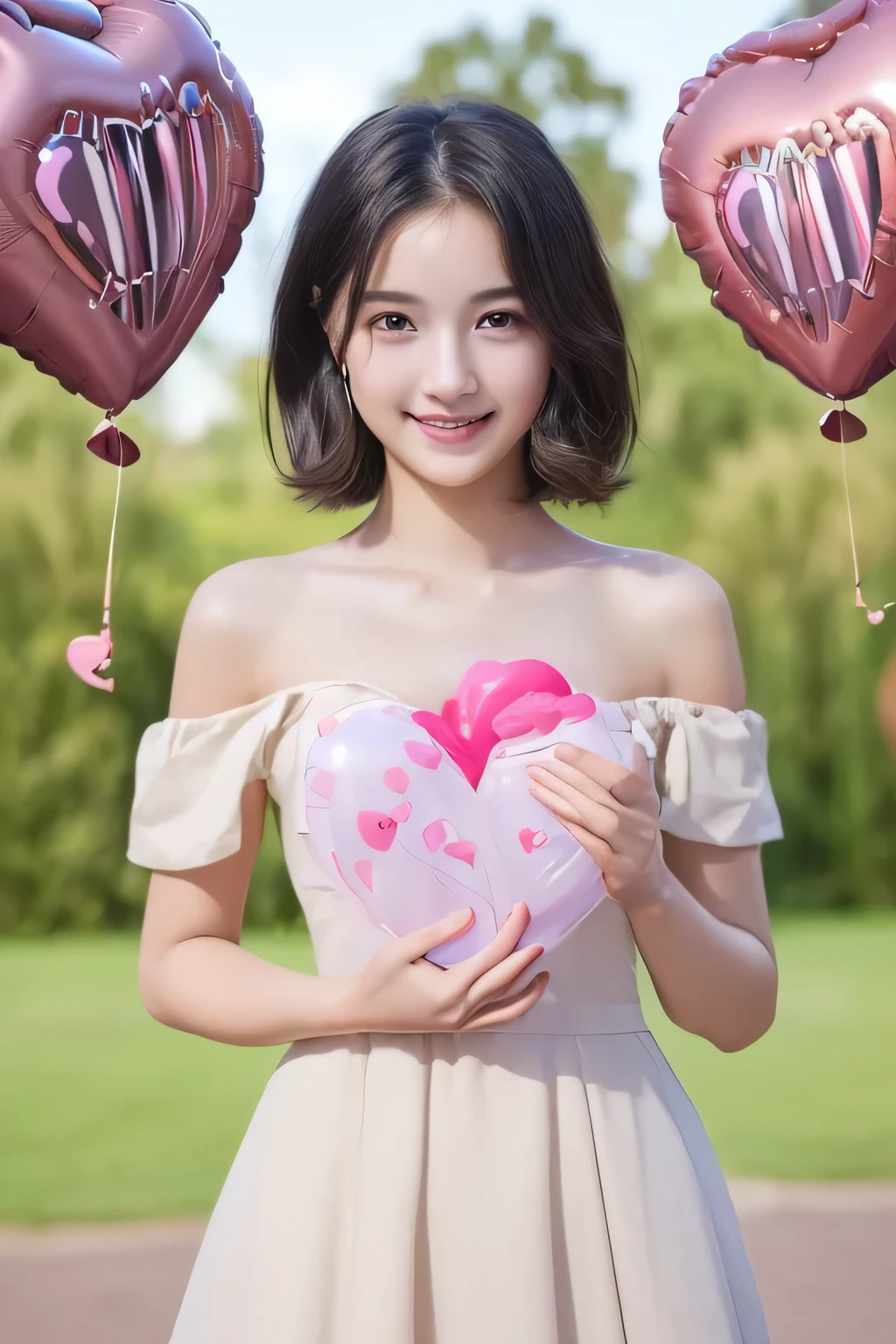 (masterpiece, Highest quality, High resolution:1.4), 1 girl, (Realistic skin:1.4), (beautiful face and hair:1.4), Baby Face, smile, ************, (Skinny body type:1.3), (Flat Chest:1.3), Off-the-shoulder dress, Short Hair, (Making a heart with both hands:1.3), BREAK(Countless heart balloons:1.5), (from the front:1.5)
