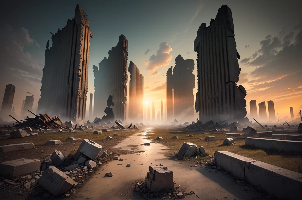 夕陽西下的一座ruins城市的阿拉法德圖像, post apocalyptic ancient ruins, dark ruins landscape, background is the ruins, ruins landscape, End of the world day background, ruins on the background, Doomsday environment, ruins of hell, doomsday landscape, End of the world day background, crumbling ruins, ominous End of the world day background, ruins, Apocalypse of Destruction and Despair, old ruins, dark city ruins ,((low angle shot 1.7)) ((Camera lens close to the ground to shoot 1.8))