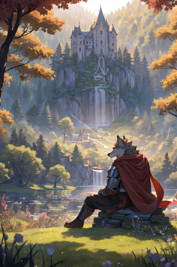 human nature((dramatic))epic, Dynamic poses, A scene in , 极端的视角与强大work, ridiculous, Perfect anatomical structure, A magnificent scene of fierce battle between wild beasts, (ultra deTailed), Clear focus, Negi, Eye, black Eye, hairy, light white fur, Brown fur, White beard, human nature (Wolf), male, middle aged, Gray body, White belly, Tail, muscular, Knight clothing, red cherry long cloak, ultra deTailed face, Depth of Field, Motion Blur, high deTails, high quality, The award-winning, HD, 16K, (best quality,4K,8K,high resolution,masterpiece:1.2),ultra-deTailed,Practical:1.37,HDR,UHD,Studio Lighting,extreme deTail description,professional,Vibrant colors,Bokeh,Active atmosphere, nature lighting, clear and distinct, Soft tones, (Vibrant colors), (Soft lighting), (nature, Practical), (Peaceful atmosphere), (A calm mood), (breeze), (work), (Distant Horizon), (Ethereal Beauty), (Tranquil scenery), (Wonderful scenery), (Peaceful environment), (Calm atmosphere), (Impressionist style), (Amazing scenery), (Sublime beauty), (Timeless elegance), (Evocative atmosphere), (Magnificent views), (柔和Soft tones), (Peace and tranquility), (Sitting on the lawn:1.5), look up to the sky, (Castle in the distance:1.2), (nearby trees:1.4), (Beautiful sunset, Vibrant colors, Golden Light, Stunning scenery), (close up:1.3)