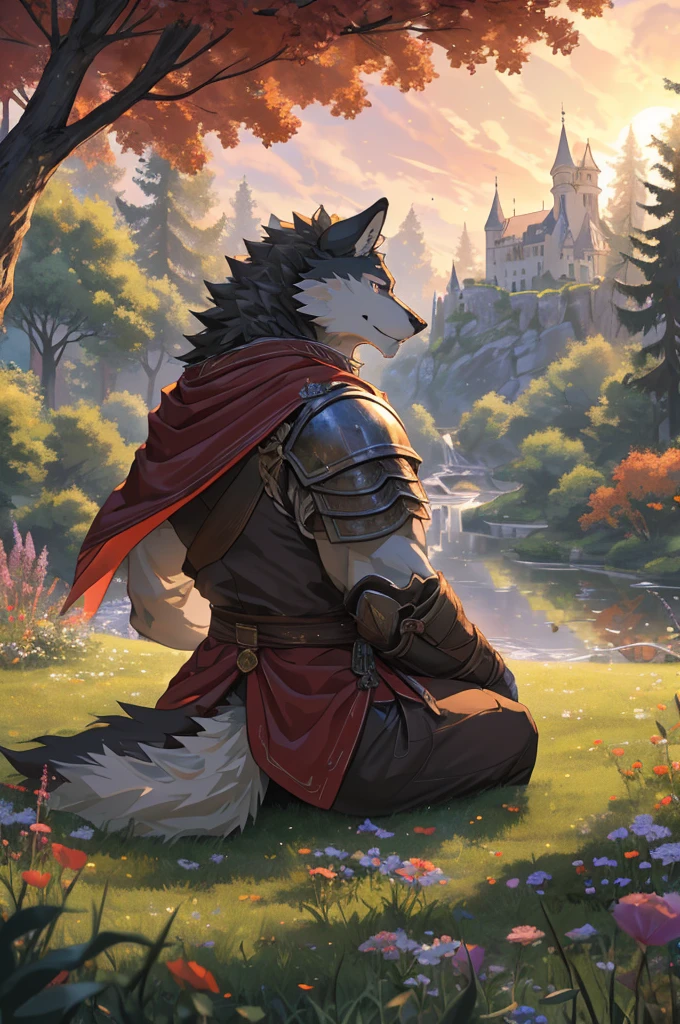 human nature((dramatic))epic, Dynamic poses, A scene in , 极端的视角与强大work, ridiculous, Perfect anatomical structure, A magnificent scene of fierce battle between wild beasts, (ultra deTailed), Clear focus, Negi, Eye, black Eye, hairy, light white fur, Brown fur, White beard, human nature (Wolf), male, middle aged, Gray body, White belly, Tail, muscular, Knight clothing, red cherry long cloak, ultra deTailed face, Depth of Field, Motion Blur, high deTails, high quality, The award-winning, HD, 16K, (best quality,4K,8K,high resolution,masterpiece:1.2),ultra-deTailed,Practical:1.37,HDR,UHD,Studio Lighting,extreme deTail description,professional,Vibrant colors,Bokeh,Active atmosphere, nature lighting, clear and distinct, Soft tones, (Vibrant colors), (Soft lighting), (nature, Practical), (Peaceful atmosphere), (A calm mood), (breeze), (work), (Distant Horizon), (Ethereal Beauty), (Tranquil scenery), (Wonderful scenery), (Peaceful environment), (Calm atmosphere), (Impressionist style), (Amazing scenery), (Sublime beauty), (Timeless elegance), (Evocative atmosphere), (Magnificent views), (柔和Soft tones), (Peace and tranquility), (Sitting on the lawn:1.5), look up to the sky, (Castle in the distance:1.2), (nearby trees:1.4), (Beautiful sunset, Vibrant colors, Golden Light, Stunning scenery), (close up:1.3)