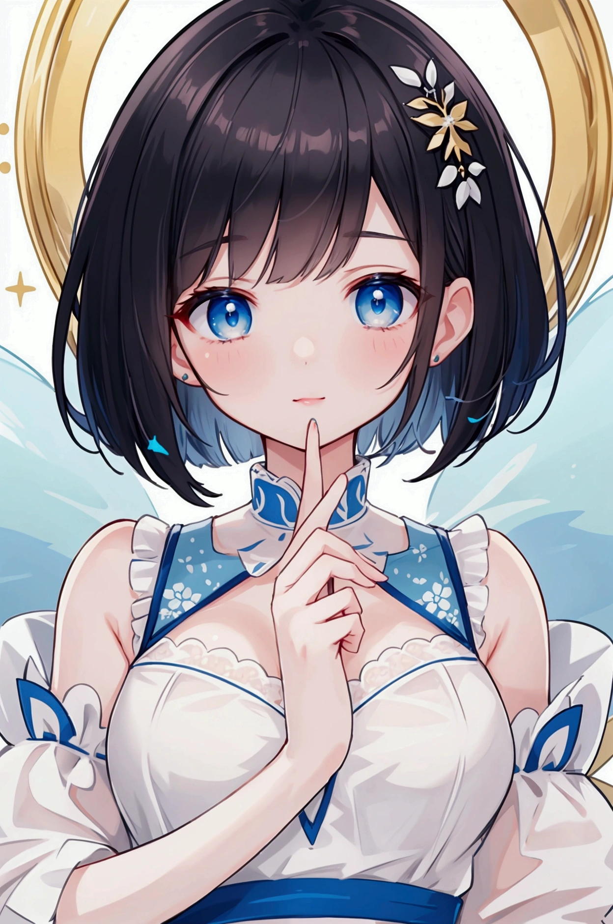 Highest quality、Highest Resolution、Highest quality、16K、One beautiful woman、Cute face、Delicate face、Bob cut hair、Dark Hair Color、Pale blue eyes、Beautiful breasts、Beautiful Nailartial Artist Clothing、