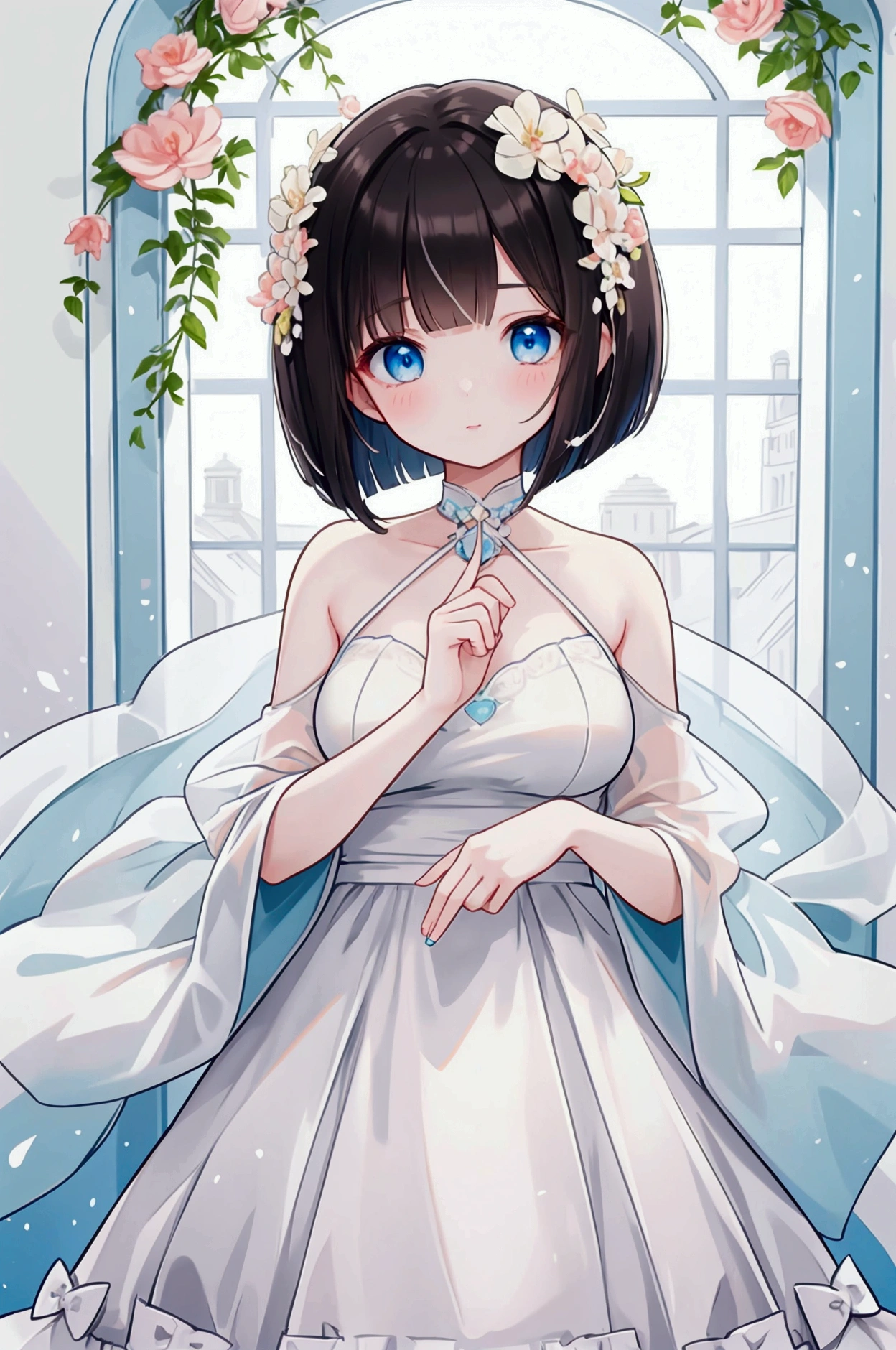 Highest quality、Highest Resolution、Highest quality、16K、One beautiful woman、Cute face、Delicate face、Bob cut hair、Dark Hair Color、Pale blue eyes、Beautiful breasts、Beautiful Nailartial Artist Clothing、