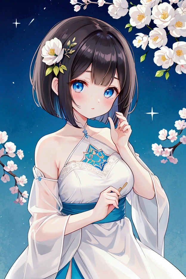 Highest quality、Highest Resolution、Highest quality、16Ｋ、One beautiful woman、Cute face、Delicate face、Bob cut hair、Dark Hair Color、Pale blue eyes、Beautiful breasts、Beautiful Nailartial Artist Clothing、