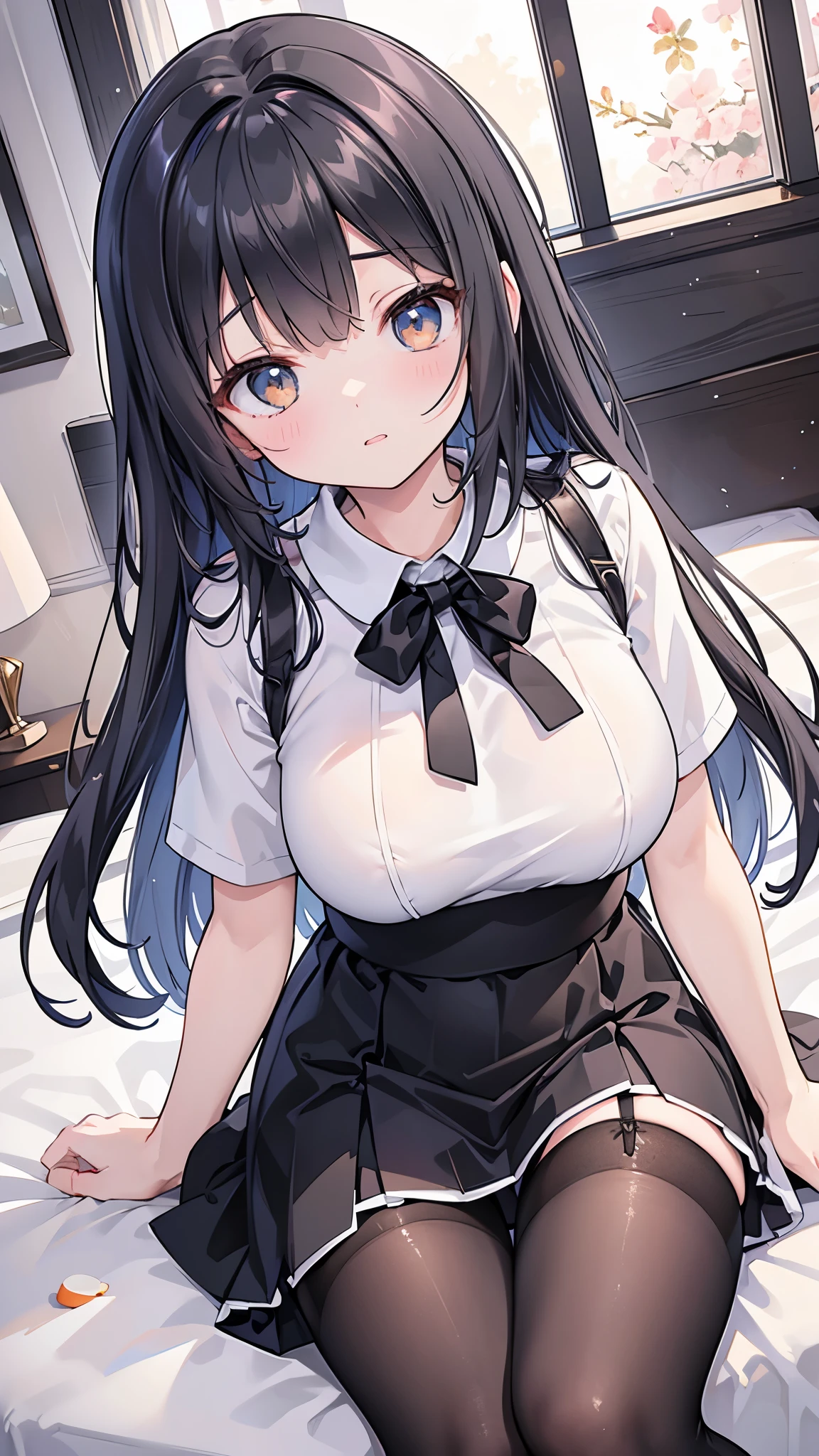 (masterpiece、Highest quality)、High resolution、Detailed face:1.2、anime(1.2)、Sharpness、4K、Private room、Dynamic Angle、Are standing、Top view、Looking up、A sly pose、Bending pose、、Two-dimensional beautiful girl、Amber Eyes、White T-shirt、Black thigh-high stockings、garter belt、Black ultra mini skirt、White skin、cute、Big Breasts、tits、Thick thighs、
