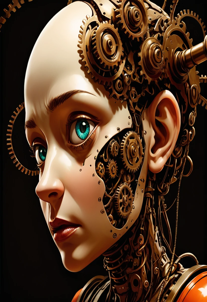 mechanical creature, medusa, mechanical snakes on head, mechanical medusa, splash page decompressed comic cover art, joelle jones style expressive ink comic, rich color grading, rotoscope hyperrealism, frederic delavier musculature anatomy detailed accurate precise illustration, internal mechanics of robotic marionette, cinematic, chiaroscuro lighting, surreal, slender, filled with steampunk gears and machinery, vertigo, overwhelming, intense, depth,