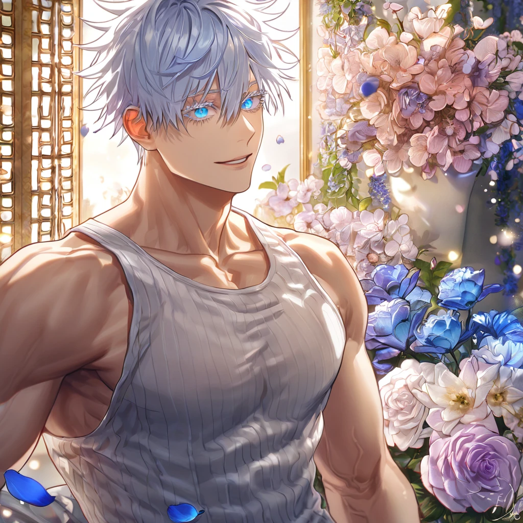 absurdres, highres, ultra detailed, HDR, master piece, Gojou Satoru, white hair with bangs, white eyelashes, expressive blue eyes, hair between the eyes, white tank top, toned chest, Jujutsu Kaisen, sexy man, room, handsome, best quality, flowers, fantasy, magical, solo, blue shining fireflies, blue petals, handsome smile, horny, sensual