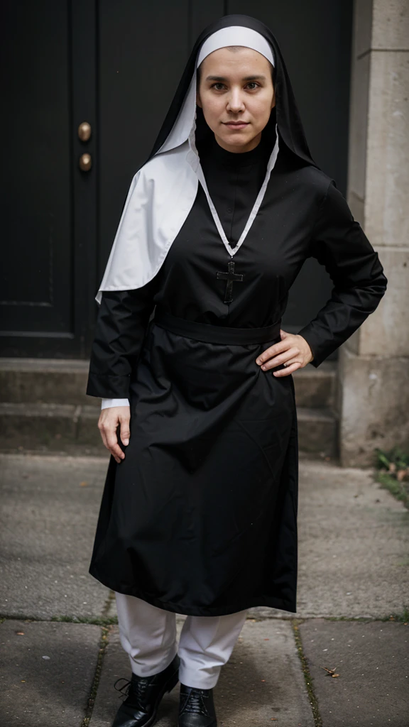 1 Woman Catholic religious nun, wearing nun clothes, color black, pretty decent, age 30 years, It's in a Catholic monastery, head to toe image, face perfect, blue colored eyes