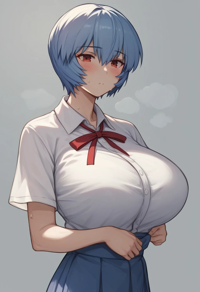 Huge breasts、blush、Sweat、In the heat、Rei Ayanami, Ayanami Rei, blue hair, short hair, red eyes,
skirt, shirt, ribbon, , white shirt, short sleeves, red ribbon, neck ribbon, tokyo-3 middle ,
、Expressionless、
{Highest quality}, {so beautiful}, {Very detailed}, {Best illustrations},Life、slim:1.5、